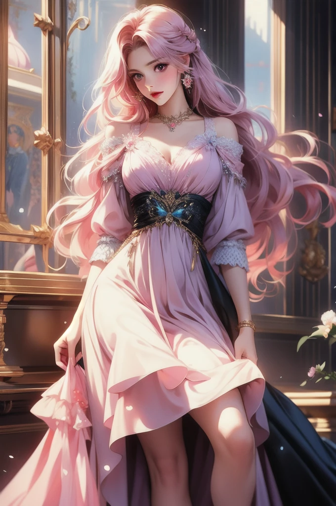 (Best quality, 8K, high resolution, masterpiece:1.2), Digital Artwork, A girl, Delicate face, Delicate eyes, Pink Hair, Long and straight hair, Glowing purple eyes, Red lips, Suspenders, Fantasy Landscape, Vibrant colors, Soft lighting, Whimsical atmosphere, Blooming flowers, floating dress, Fine details, Ethereal Background, Dreamy