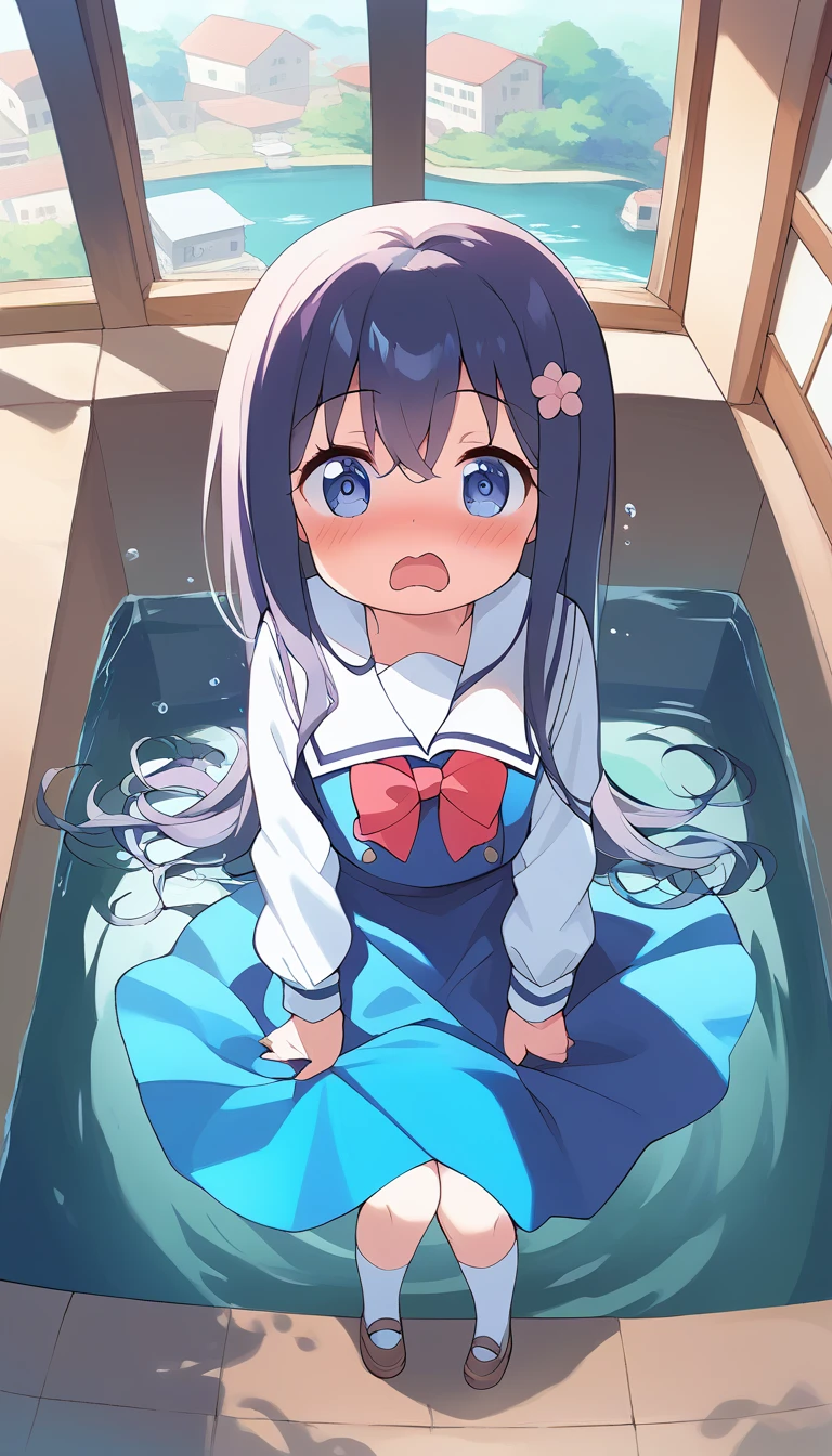 score_9, score_8_up, score_7_up, source_アニメ, masterpiece, 1girl, (work), blue dress, white sailor collar, red bowtie, white long sleeves, full body, from above, looking at viewer, indoors, open mouth, White knee-highs、Water Play, Primary school students、Skirt fully open、Long wide skirt、cute、blush、Watery eye、Lots of water、Wet、((The skirt spreads over the water surface.))、(Drowning)、