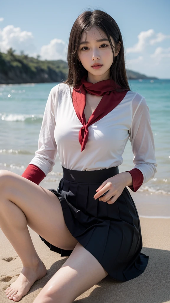 (((Ultra-high resolution、Every detail countasterpiece:1.4)))、The seaside dyed in the sunset、Playing in the water alone、Cute Japanese 、Straight black hair up to the shoulders、Bangs cut above the eyes、Wearing traditional Japanese uniform、Sailor top with white collar and navy blue lines、Wearing a navy blue pleated skirt、A red scarf on the chest of the top、楽しそうにsmileを浮かべ、Playing alone on the beach、The sleeves of the uniform were rolled up to the elbows.、The hem of my skirt is also a little wet.、barefoot、Her little white feet bounce a little every time they touch the sand and water.、There's sand on my toes、They enjoy the feeling of sand every time the water subsides.、Scooping up seawater with your hands and throwing it back into the waves、The expansive blue sea and sandy beach、Beautiful sky dyed in sunset、A small island in the distance々、There are small shells and driftwood on the shore.、School bag on the sand、Shoes and socks neatly arranged、Relaxing after school、Fun memories at the end of summer、Female in her late s、Portraiture、Blurred cityscape at dusk、Silhouette of buildings and street lights Long dark brown hair、natural wavy curls、The wind is blowing softly、Hair falls down the side of the face、Skin is smooth、Healthy olive color、The tan lines are faintly visible、Natural redness on the cheeks、I have a few small laugh lines on my forehead.、Eyes with dark brown irises、The pupil is shining, Reflect light、Long curled eyelashes、Accentuate the eyes、Eyebrows are thin and trimmed、Natural Arch、Small Nose、straight、straight nose、lips are plump、soft pink lip gloss、Ultra-thin camisole、Barefoot and bare legs、A simple silver bracelet on her right wrist、A small diamond earring sparkles in her left ear...、The expression is calm、Be confident、smile、(((Emphasize the contrast between light and shadow)))、Realistic textures and facial details