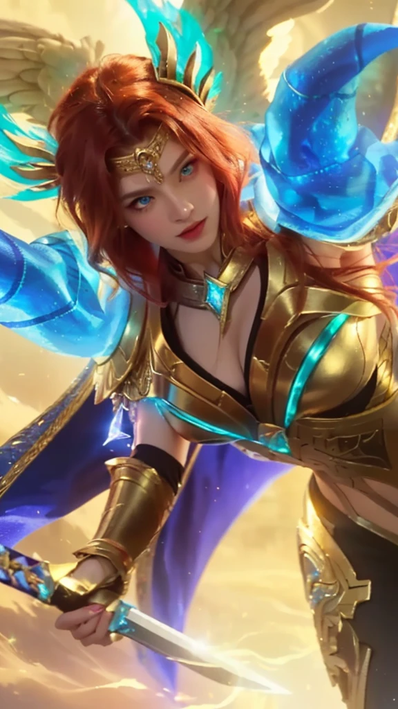 highly detailed portrait of a woman with long flowing red hair and stunning blue eyes, holding a shimmering sword, beautiful celestial mage, crystal maiden, mystical atlantean valkyrie, intricate golden jewelry, flowing cape, glowing magical energy, dramatic lighting, cinematic composition, vibrant colors, hyper-realistic, 8k, highest quality, award-winning