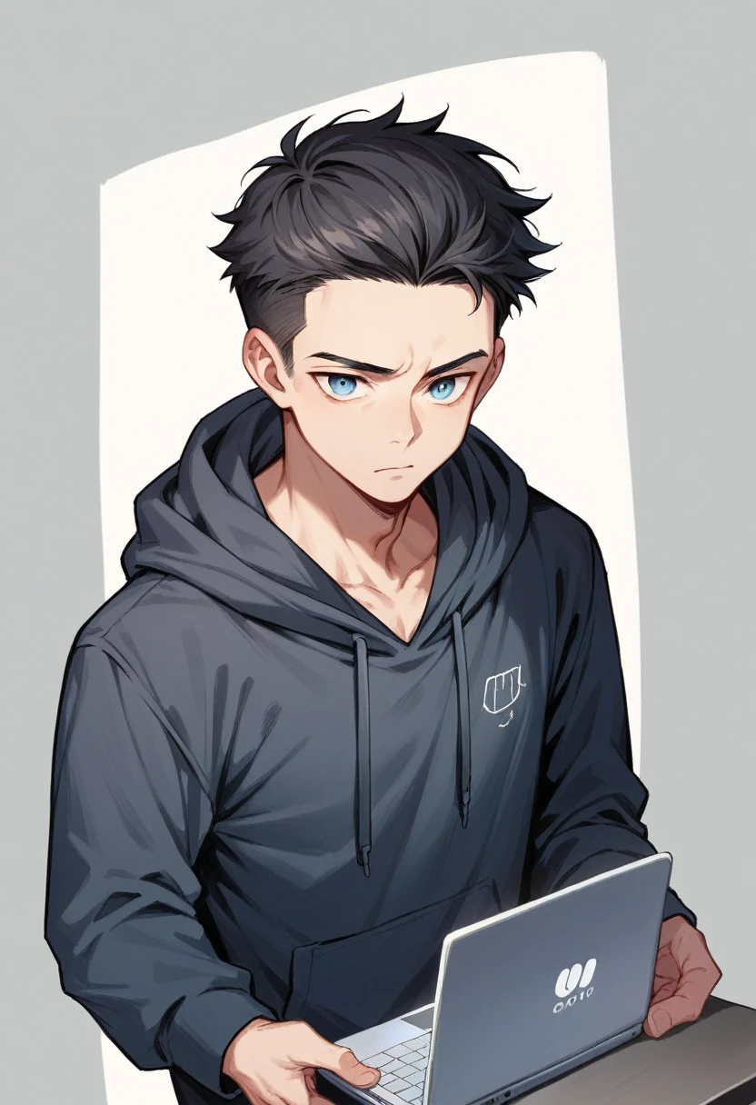 An anime-style cool young man with loosely combed swept back SHORT bluely black hair and visible forehead, sharp blue eyes, in hoodie, standing straight, holding a laptop PC, electronic near-future vibe.