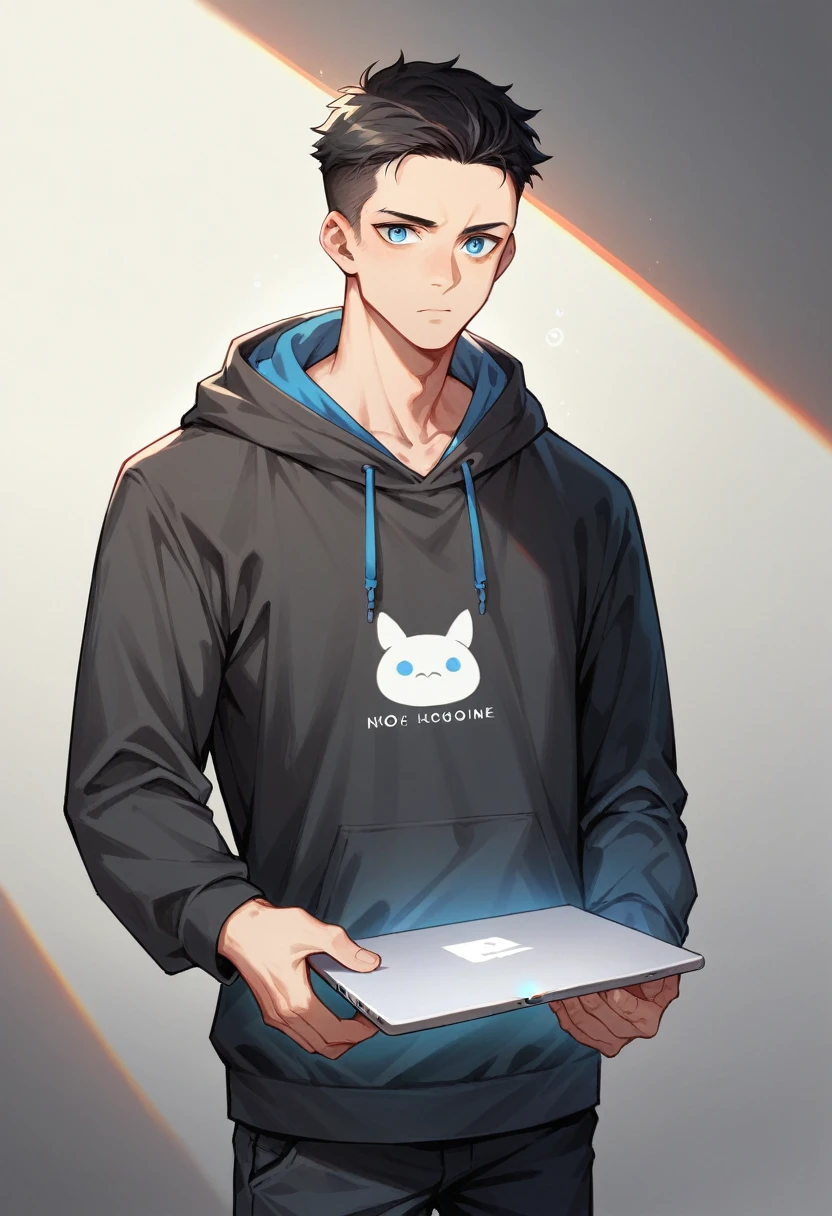 An anime-style cool young man with loosely combed swept back SHORT bluely black hair and visible forehead, sharp blue eyes, in hoodie, standing straight, holding a laptop PC, electronic near-future vibe.