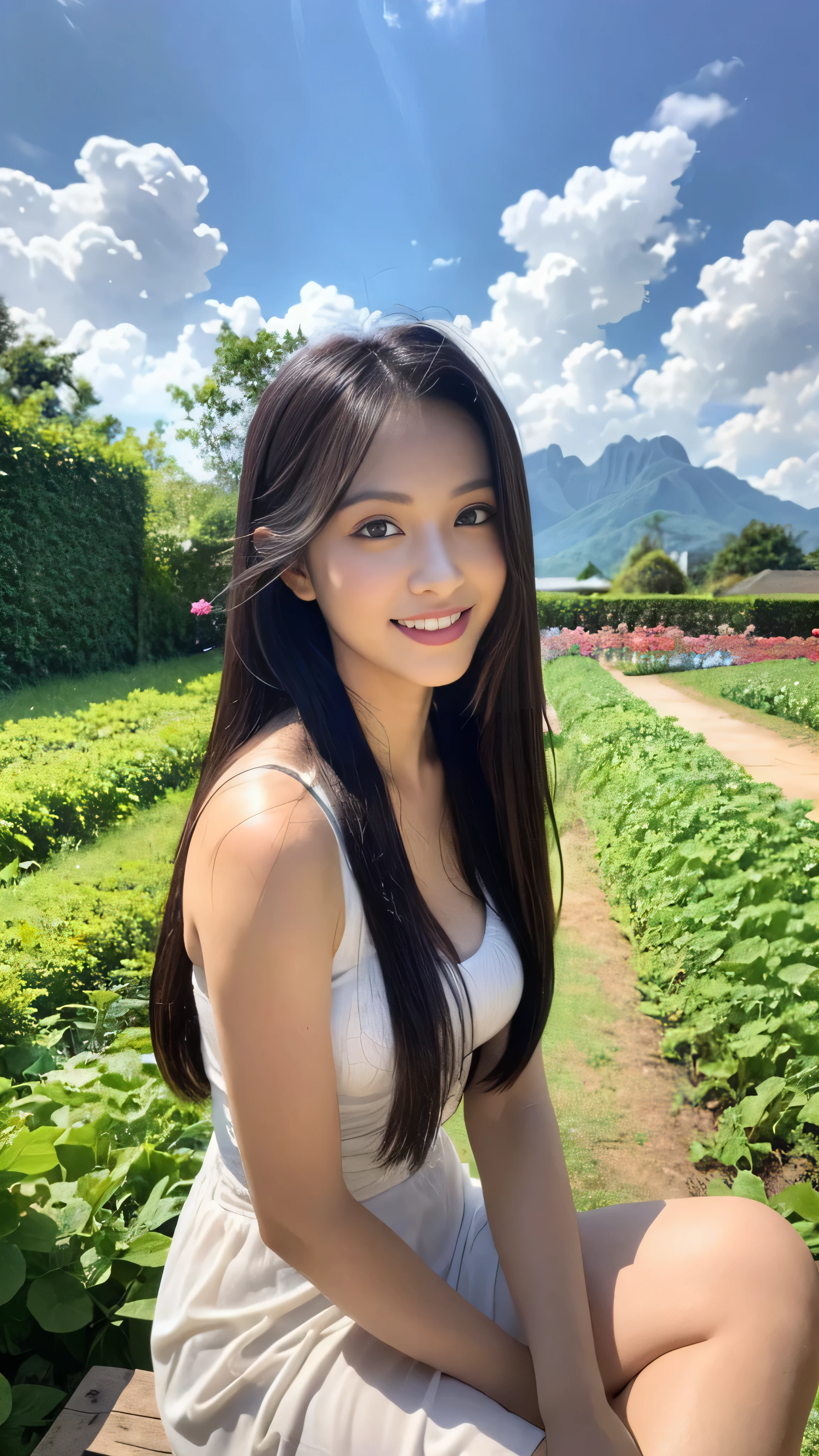 ((best quality, 8k, masterpiece:1.3)), a beautiful girl, pure, melon face, gentle and cute, thin figure, (frontal), (tilted head), looking directly into the camera, [detached sleeves::0], [collared shirt::0], [capri pants::0], black silky long straight hair, long hair flowing over the shoulders, round black big eyes, clear big eyes, moist red lips, sweet smile, sitting, hands on knees, Blue sky and white clouds, sunshine, Strawberry Garden, Lots of strawberries, mountain peaks, northern view of Thailand, Landmark of Thailand