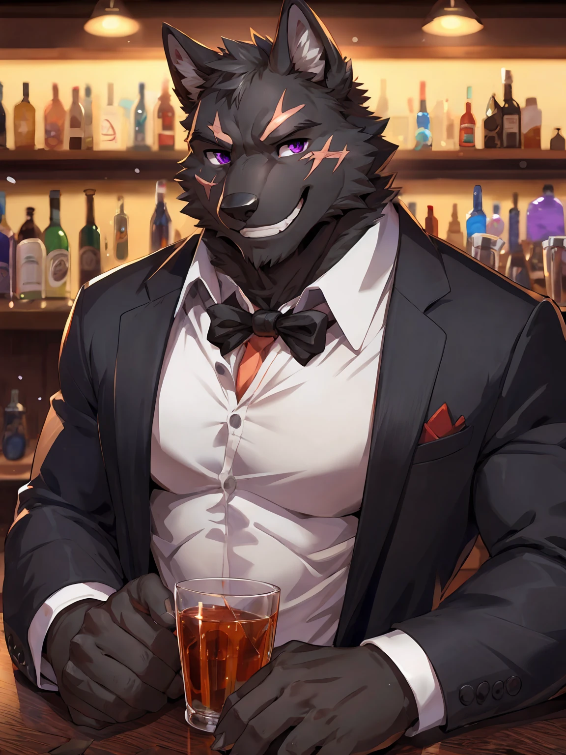 embedding:Black wolf,male, Purple eyes,Scar on the face, Single Person,black fur.The chest and abdomen are white fur.The mob boss,Tattoo,Black suit,At the bar,happy,Smart,Grinning,Adult male,Handsome,Best quality hands, best quality eye,detailed fur,Delicate eyes.Extreme picture quality,by sollyz,by zixiong,by null_ghost