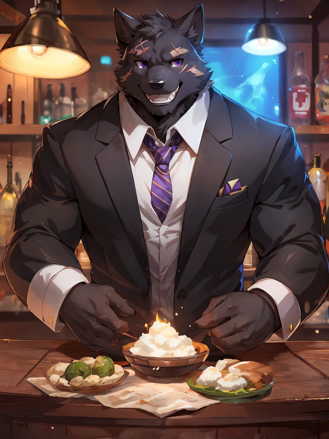 embedding:Black wolf,male, Purple eyes,Scar on the face, Single Person,black fur.The chest and abdomen are white fur.The mob boss,Tattoo,Black suit,At the bar,happy,Smart,Grinning,Adult male,Handsome,Best quality hands, best quality eye,detailed fur,Delicate eyes.Extreme picture quality,by sollyz,by zixiong,by null_ghost