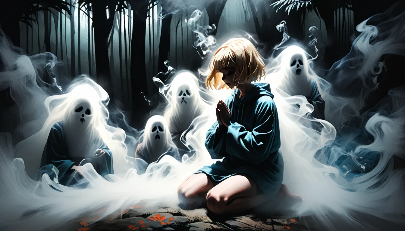 open mouth, (blonde girl with blue eyes in blue hoodie) ghost Buddhist monk knees praying,hands folded in a gesture of supplication, Short blonde Waves pixie hair, snub nose, Full nude Lips, many ghosts monks on background, without faces, shadows, night, jungle, smoke, fog,   graphic style of novel comics,dark novel style, comic, 2d, 8k, hyperrealism, masterpiece, high resolution, best quality, ultra-detailed, super realistic, Hyperrealistic art, high-quality, ultra high res, highest detailed, lot of details, Extremely high-resolution details, incredibly lifelike, colourful, soft cinematic light,