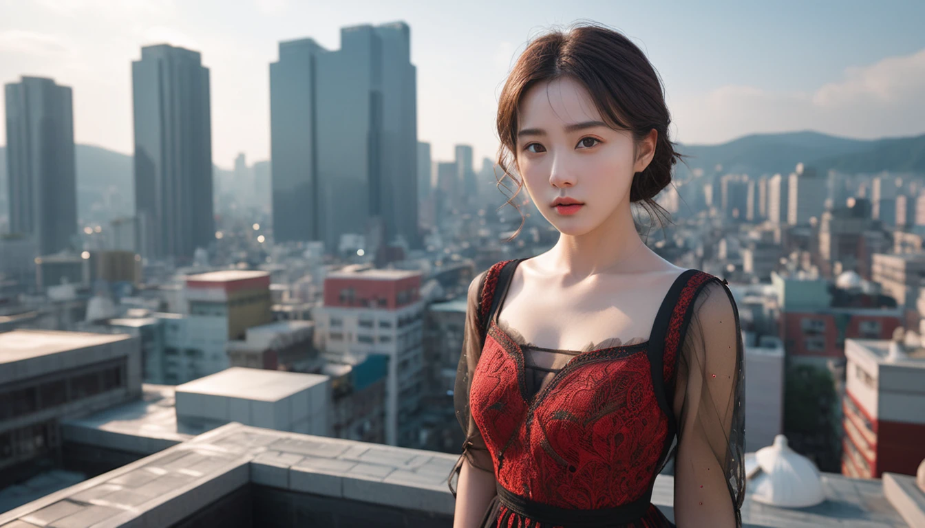 (1 woman:1.3), alone, ((Very detailed face)), ((very detailed 눈과 얼굴)))), beautiful 디테일의 눈, full body body parts, official art, Integrated 8K wallpaper, very detailed, beautiful and beautiful, beautiful, masterpiece, best quality, original, masterpiece, very nice photo, best quality, ultra high resolution, realistic realism, sunlight, full body portrait, amazing beauty, dynamic pose, delicate face, lively eyes, (from the front), she wears a dress, red and black color scheme, very detailed 도시 지붕 배경, rooftop, city view, detailed face, Detailed complex busy background, very cool, milk white, very detailed 피부, realistic skin details, visible pores, clear focus, 8k upscale, dslr, high quality, film grain, fair skin, photo realism, lomography, Futuristic dystopian megacity, transparent