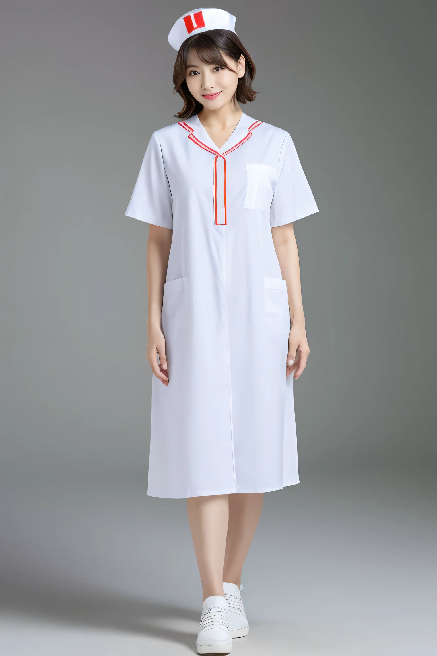 (8k, best quality, masterpiece:1.3), (Zoom out shot, full body standing:1.2), (beautiful Japanese mature woman), A woman in her 40s, shirt cut hair, (wearing white Nurse's uniform, Nurse's cap :1.2),