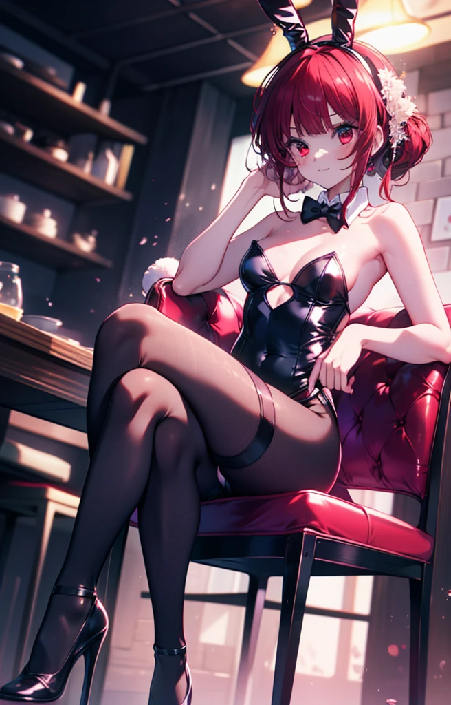 Arima Kana, (Red eyes:1.5), Bob Hair,smile,Redhead,Small breasts,(Bunny girl:1.5),(Black Playboy Bunny:1.0),Bunny ears headband,Fishnet tights,Stiletto heels,sitting cross-legged on a chair,whole bodyがイラストに入るように
break looking at viewer,whole body,
break indoors, stage,
break (masterpiece:1.2), Highest quality, High resolution, unity 8k wallpaper, (shape:0.8), (Beautiful and beautiful eyes:1.6), Highly detailed face, Perfect lighting, Extremely detailed CG, (Perfect hands, Perfect Anatomy),