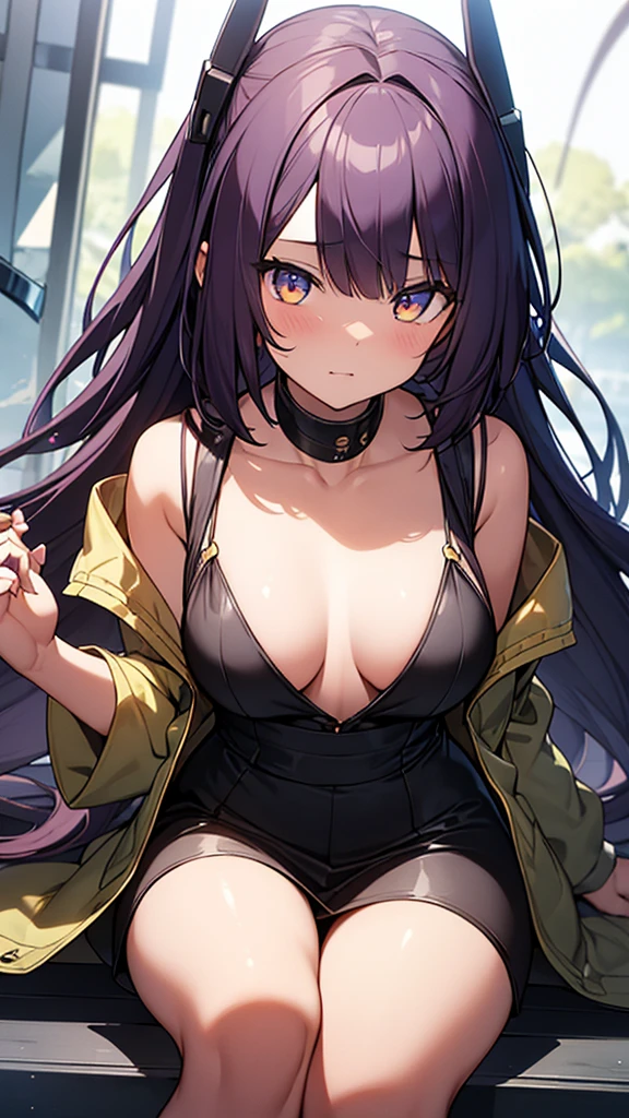 {{An unidentified creature that kills women and transforms into a spitting image to take their place}}, 2人, cute brown skin girl, Sexy Body, wavy purple hair [Shades of black], Golden Eyes (Shiny), ultra-realistic eyes, With a pistol, Jumping, Sniper Equipment, Rating Riot Games, Round face, Realistic lighting, Radio City, close. One of them is dead, sitting naked., NSFW