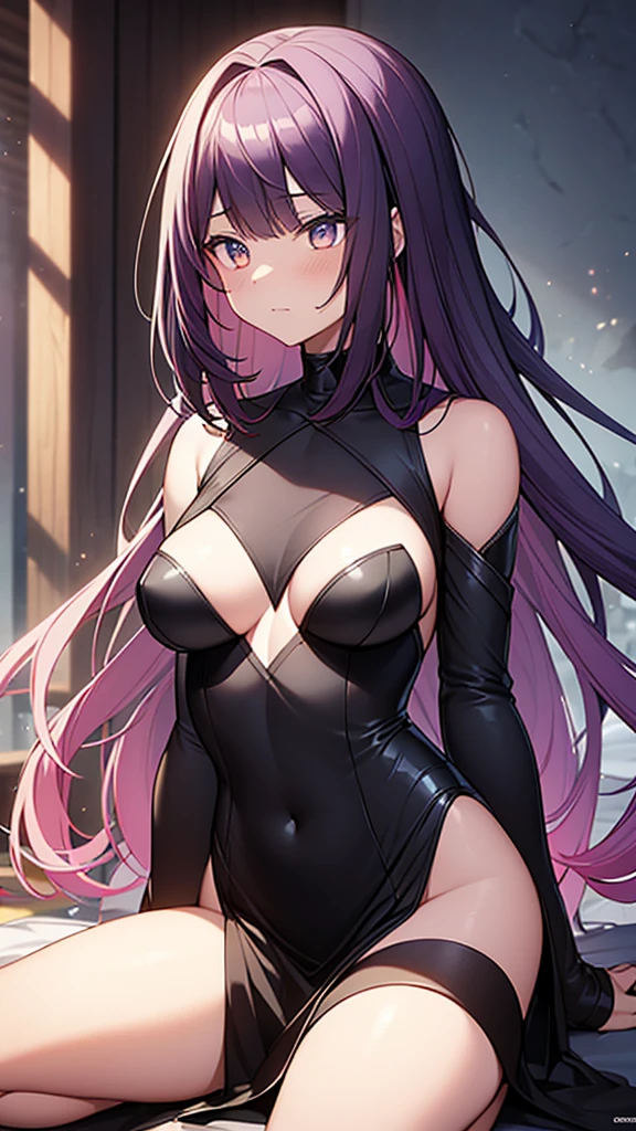 {{An unidentified creature that kills women and transforms into a spitting image to take their place}}, 2人, cute brown skin girl, Sexy Body, wavy purple hair [Shades of black], Golden Eyes (Shiny), ultra-realistic eyes, With a pistol, Jumping, Sniper Equipment, Rating Riot Games, Round face, Realistic lighting, Radio City, close. One of them is dead, sitting naked., NSFW