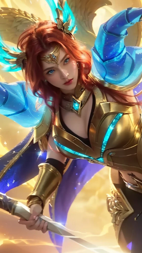 highly detailed portrait of a woman with long flowing red hair and stunning blue eyes, holding a shimmering spear, beautiful celestial mage, crystal maiden, mystical atlantean valkyrie, intricate golden jewelry, flowing cape, glowing magical energy, dramatic lighting, cinematic composition, vibrant colors, hyper-realistic, 8k, highest quality, award-winning