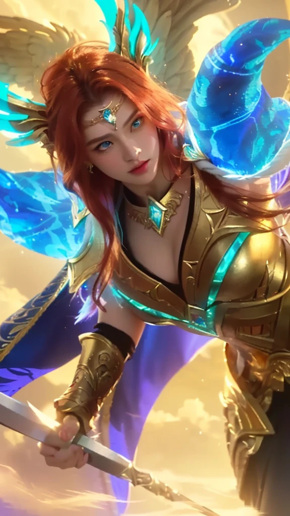 highly detailed portrait of a woman with long flowing red hair and stunning blue eyes, holding a shimmering spear, beautiful celestial mage, crystal maiden, mystical atlantean valkyrie, intricate golden jewelry, flowing cape, glowing magical energy, dramatic lighting, cinematic composition, vibrant colors, hyper-realistic, 8k, highest quality, award-winning