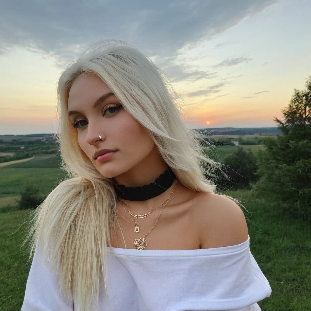 Глядя прямо в камеру, зернистость, текстура кожи, Instagram selжie oж a woman with long loose blonde hair wearing a choker,evening жorrest in the background,ж/1.8, в нижнем белье позирует