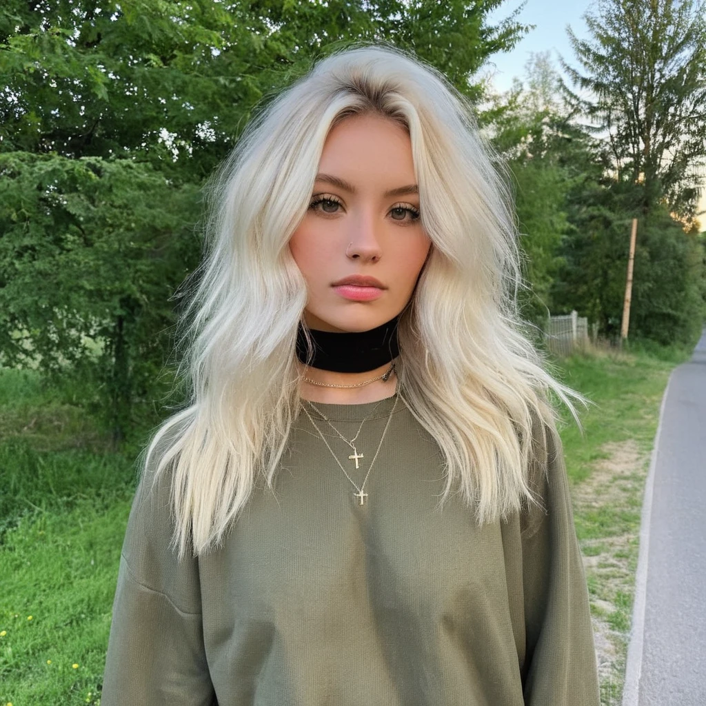 Глядя прямо в камеру, зернистость, текстура кожи, Instagram selжie oж a woman with long loose blonde hair wearing a choker,evening жorrest in the background,ж/1.8, в нижнем белье позирует