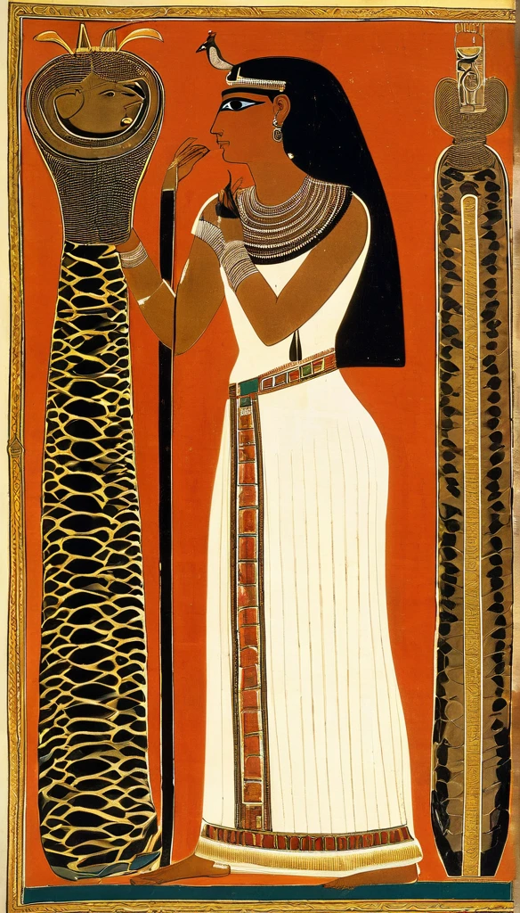 Femme égyptienne , avec une grosse poitrine, une peau de serpent, de l'Égypte antique, dans un temple égyptien, porte une robe rouge et couleur sable, épousant le corps, a de long cheveux raide noirs orné de nombreux bijoux, la femme est enceinte de serpent, sa poitrine gonflé de lait, des crochets de serpent, visible lorsqu'elle sourit, a des yeux doré a pupilles reptilienne, porte un cobra noir
