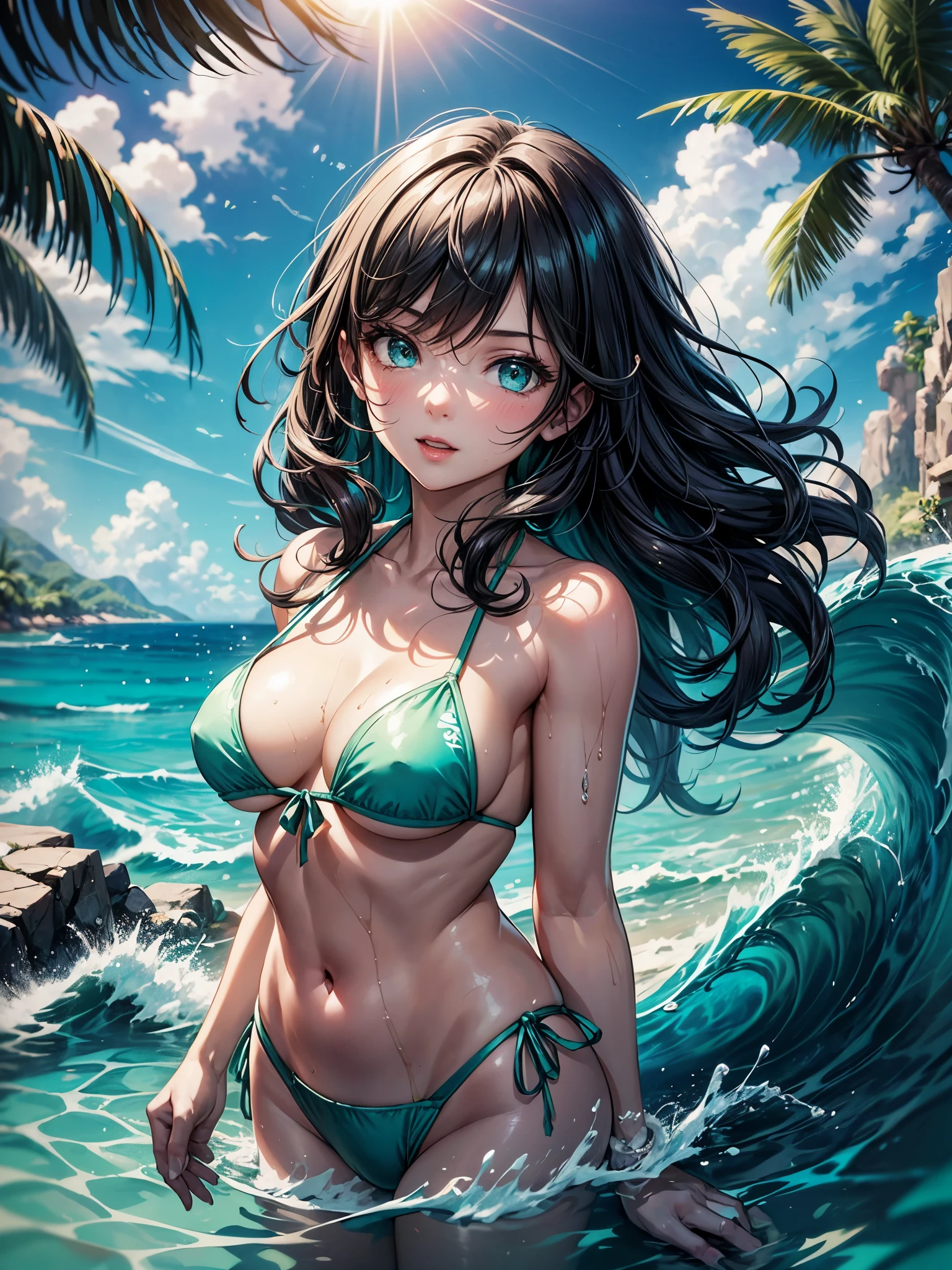 A young woman with wavy, sun-kissed hair rides a wave in a tropical setting. She wears a green bikini and has a joyful, adventurous expression on her face. The turquoise water splashes around her as she navigates the wave, with lush green foliage and palm trees visible in the background, adding to the vibrant and refreshing atmosphere of the scene
intricate details, cinematic lighting, high-resolution, detailed textures, sharp focus, dynamic lighting, 4n1v3rs3 、sultry look, seductive,