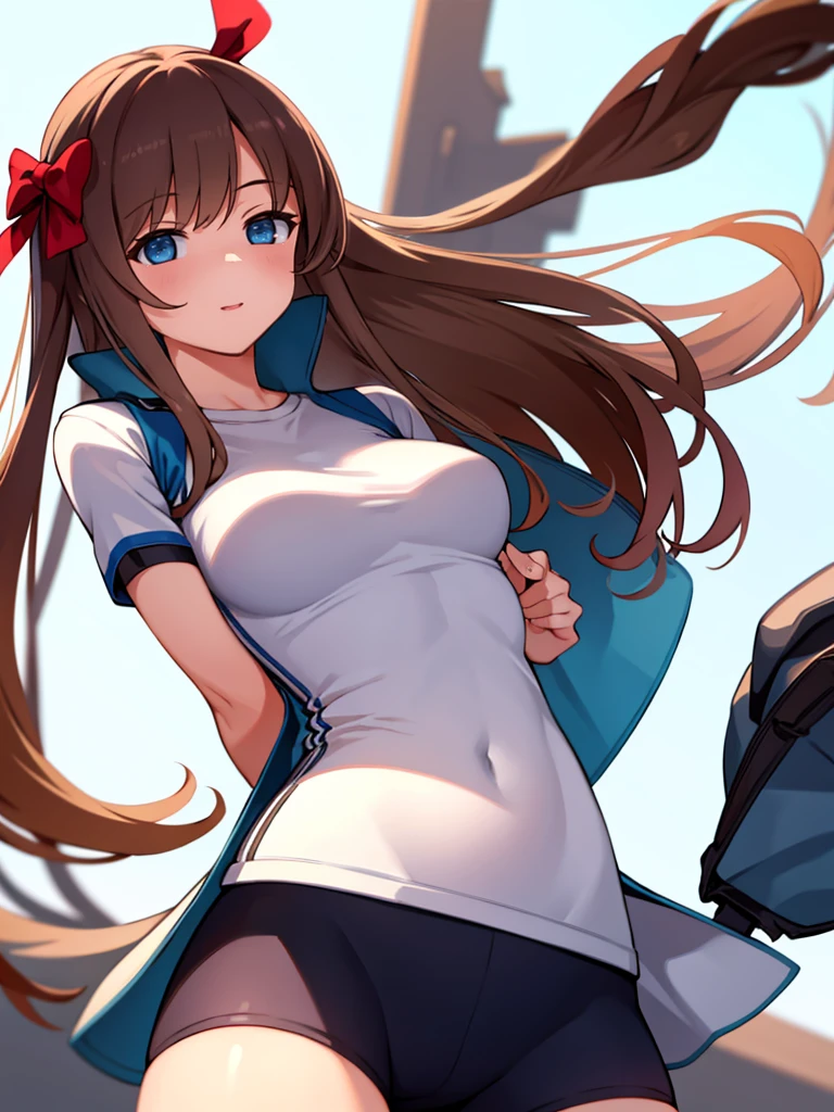 (1 girl),(high quality), (High resolution), (extremely detailed), (8K),(lower body shot), short sleeve cycling jersey, cycling half pants, perfect writing,High resolutionの美しい目,(neutral white lighting:1.2), midium breasts, brown hair, (low twintale:1.2), smile, cowboy shot, looking at viewer, eating ice cream, (white background:1)