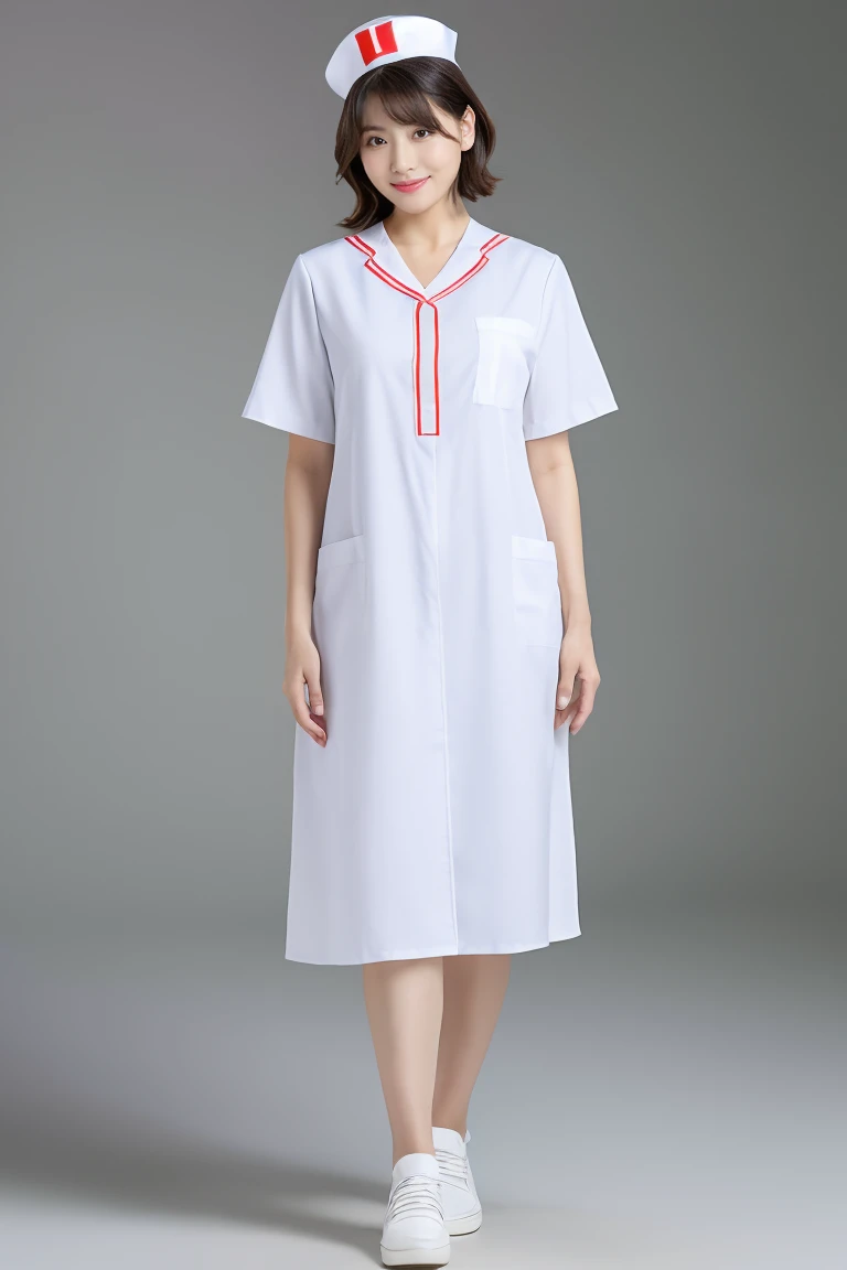 (8k, best quality, masterpiece:1.3), (Zoom out shot, full body standing:1.2), (beautiful Japanese mature woman), A woman in her 40s, shirt cut hair, (wearing white Nurse's uniform, Nurse's cap :1.2),