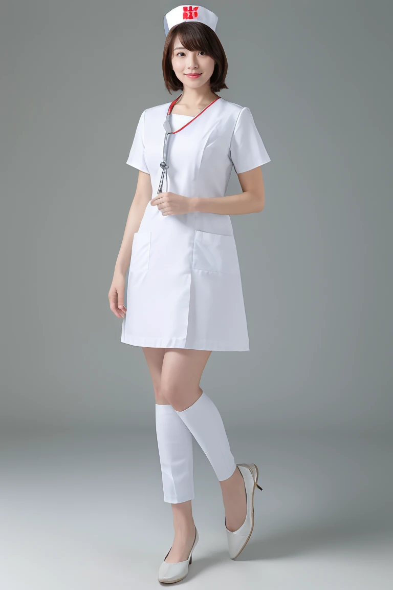 (8k, best quality, masterpiece:1.3), (Zoom out shot, full body standing:1.2), (beautiful Japanese mature woman), A woman in her 40s, shirt cut hair, (wearing white Nurse's uniform, Nurse's cap :1.2),