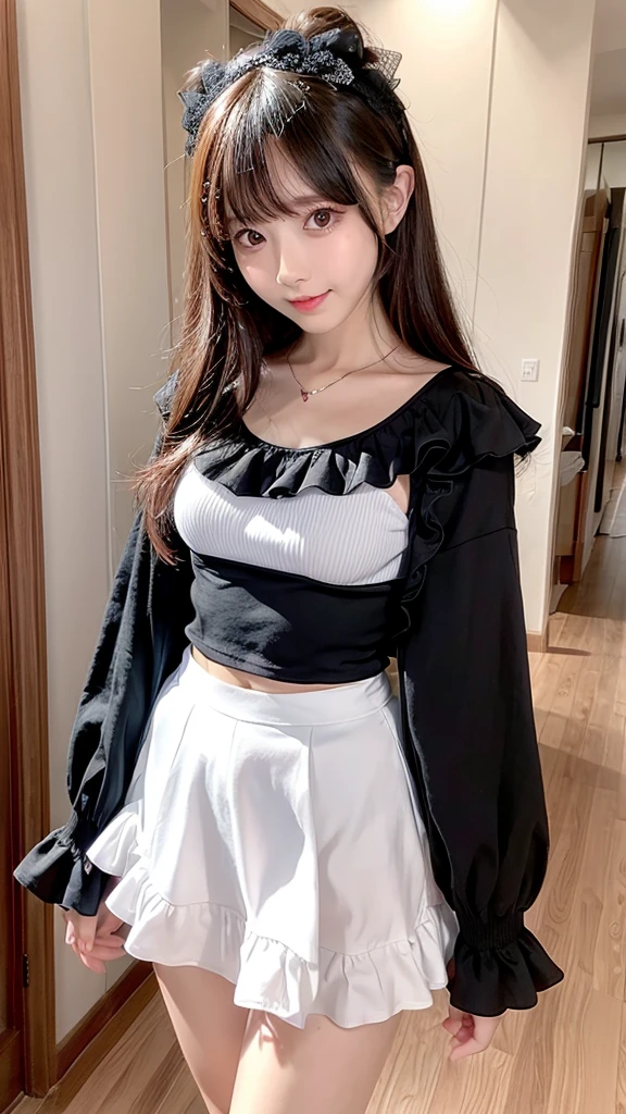 (((Embarrassing、A little troubled face、Mouth ajar))),(((((A slender、A slender、is standing、is standing、Flat chest seen from below,softlighting、Over Head Shot、The upper part of the body、Short-sleeved tops、Grey check high-waisted skirt、Spread your legs apart、Raise one leg))))),((In the office、In the company、In the reception room、frombelow))、masutepiece, 1girl in, best qualtiy, Ultra Detail, (shiny), (Small)、(((with blush cheeks,))),Ray tracing,Perfect Lighting, (milky skin:1.2),reflection, up looking_で_viewer, blush, bow ribbon, yellow_Eyes, White choker, Low_Twin-tailed、Japan's cutest 28-year-old beautiful girl、Small ribbons in the hair、(Beautiful thighs:1.5)、Low heel contrast、Contrast Legs、Contrasting eyes、Beautiful malls、small tits、small tits、softlighting、Gentle