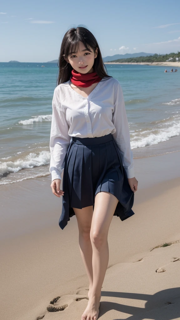 (((Ultra-high resolution、Every detail countasterpiece:1.4)))、The seaside dyed in the sunset、Playing in the water alone、Cute Japanese 、Straight black hair up to the shoulders、Bangs cut above the eyes、Wearing traditional Japanese uniform、Sailor top with white collar and navy blue lines、Wearing a navy blue pleated skirt、A red scarf on the chest of the top、楽しそうにsmileを浮かべ、Playing alone on the beach、The sleeves of the uniform were rolled up to the elbows.、The hem of my skirt is also a little wet.、barefoot、Her little white feet bounce a little every time they touch the sand and water.、There's sand on my toes、They enjoy the feeling of sand every time the water subsides.、Scooping up seawater with your hands and throwing it back into the waves、The expansive blue sea and sandy beach、Beautiful sky dyed in sunset、A small island in the distance々、There are small shells and driftwood on the shore.、School bag on the sand、Shoes and socks neatly arranged、Relaxing after school、Fun memories at the end of summer、Female in her late s、Portraiture、Blurred cityscape at dusk、Silhouette of buildings and street lights Long dark brown hair、natural wavy curls、The wind is blowing softly、Hair falls down the side of the face、Skin is smooth、Healthy olive color、The tan lines are faintly visible、Natural redness on the cheeks、I have a few small laugh lines on my forehead.、Eyes with dark brown irises、The pupil is shining, Reflect light、Long curled eyelashes、Accentuate the eyes、Eyebrows are thin and trimmed、Natural Arch、Small Nose、straight、straight nose、lips are plump、soft pink lip gloss、Ultra-thin camisole、Barefoot and bare legs、A simple silver bracelet on her right wrist、A small diamond earring sparkles in her left ear...、The expression is calm、Be confident、smile、(((Emphasize the contrast between light and shadow)))、Realistic textures and facial details