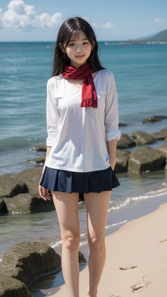 (((Ultra-high resolution、Every detail countasterpiece:1.4)))、The seaside dyed in the sunset、Playing in the water alone、Cute Japanese 、Straight black hair up to the shoulders、Bangs cut above the eyes、Wearing traditional Japanese uniform、Sailor top with white collar and navy blue lines、Wearing a navy blue pleated skirt、A red scarf on the chest of the top、楽しそうにsmileを浮かべ、Playing alone on the beach、The sleeves of the uniform were rolled up to the elbows.、The hem of my skirt is also a little wet.、barefoot、Her little white feet bounce a little every time they touch the sand and water.、There&#39;s sand on my toes、They enjoy the feeling of sand every time the water subsides.、Scooping up seawater with your hands and throwing it back into the waves、The expansive blue sea and sandy beach、Beautiful sky dyed in sunset、A small island in the distance々、There are small shells and driftwood on the shore.、School bag on the sand、Shoes and socks neatly arranged、Relaxing after school、Fun memories at the end of summer、Female in her late teens、Portraiture、Blurred cityscape at dusk、Silhouette of buildings and street lights Long dark brown hair、natural wavy curls、The wind is blowing softly、Hair falls down the side of the face、Skin is smooth、Healthy olive color、The tan lines are faintly visible、Natural redness on the cheeks、I have a few small laugh lines on my forehead.、Eyes with dark brown irises、The pupil is shining, Reflect light、Long curled eyelashes、Accentuate the eyes、Eyebrows are thin and trimmed、Natural Arch、Small Nose、straight、straight nose、lips are plump、soft pink lip gloss、Ultra-thin camisole、Barefoot and bare legs、A simple silver bracelet on her right wrist、A small diamond earring sparkles in her left ear...、The expression is calm、Be confident、smile、(((Emphasize the contrast between light and shadow)))、Realistic textures and facial details