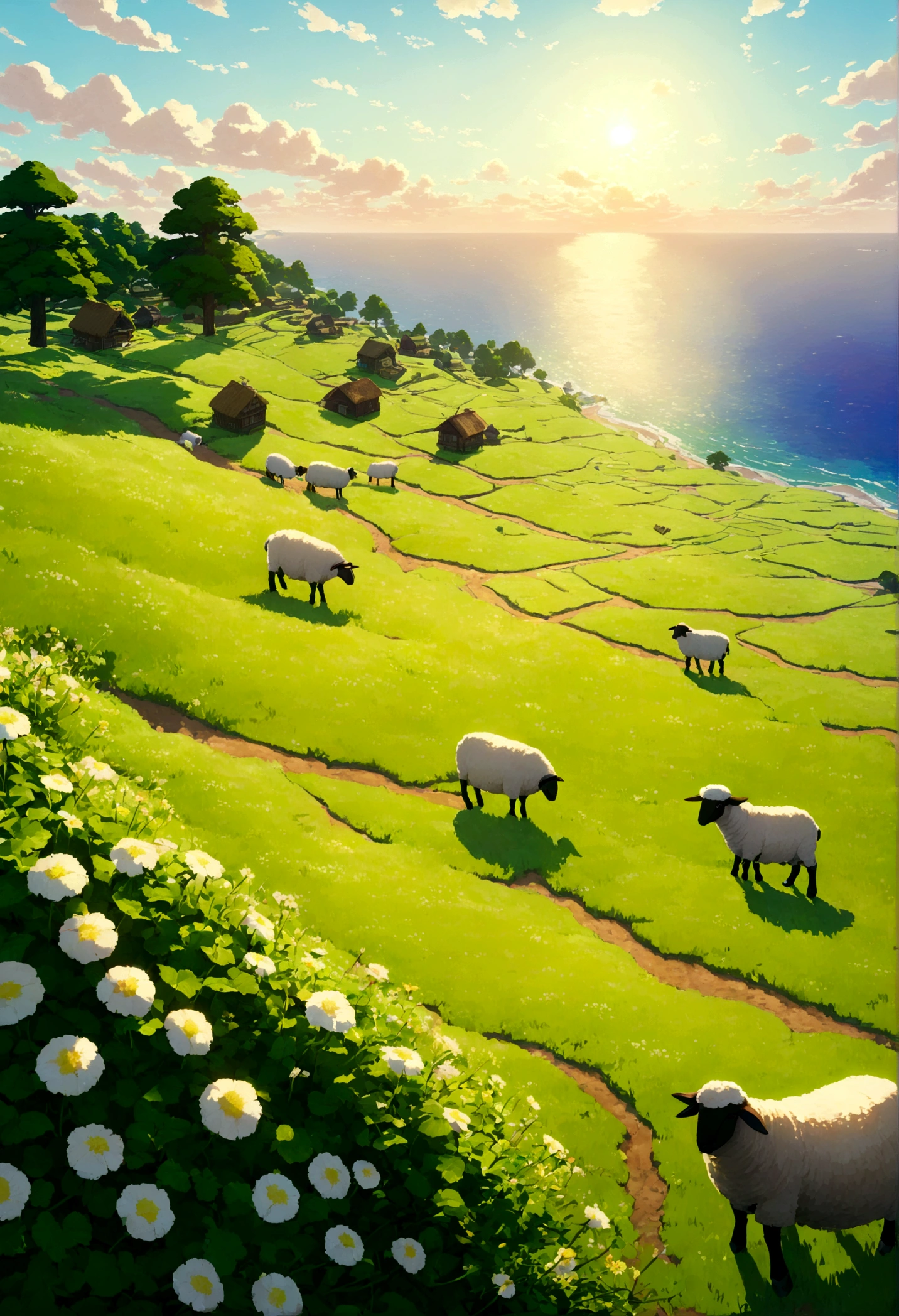 広大なgrasslandに、Asahiがゆっくりと昇り始める、Calm morning landscape。 minecraft 特有の、The painting has a rough yet warm texture.、木と石で作られた小さなHomeが、Built on a hill。Homeの窓からは、Warm light leaks out、From the chimney、Smoke rising slowly。Homeの周りには、Flowers and trees are planted、sheepやoxがのんびりと草を食んでいる。In the distance、青いOceanと、Asahiを浴びてキラキラと輝くSandy Beachが広がっている。Beautiful game world, minecraft, Asahi, grassland, Home, sheep, ox, Ocean, Sandy Beach, Peaceful, peace