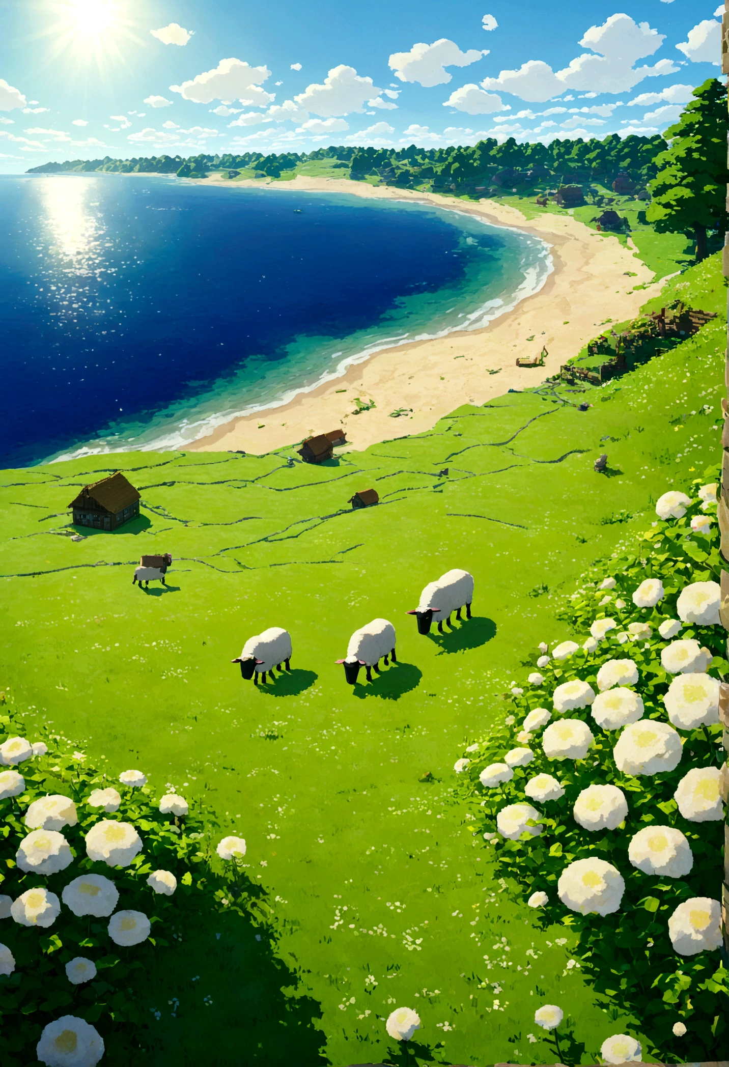 広大なgrasslandに、Asahiがゆっくりと昇り始める、Calm morning landscape。 minecraft 特有の、The painting has a rough yet warm texture.、木と石で作られた小さなHomeが、Built on a hill。Homeの窓からは、Warm light leaks out、From the chimney、Smoke rising slowly。Homeの周りには、Flowers and trees are planted、sheepやoxがのんびりと草を食んでいる。In the distance、青いOceanと、Asahiを浴びてキラキラと輝くSandy Beachが広がっている。Beautiful game world, minecraft, Asahi, grassland, Home, sheep, ox, Ocean, Sandy Beach, Peaceful, peace