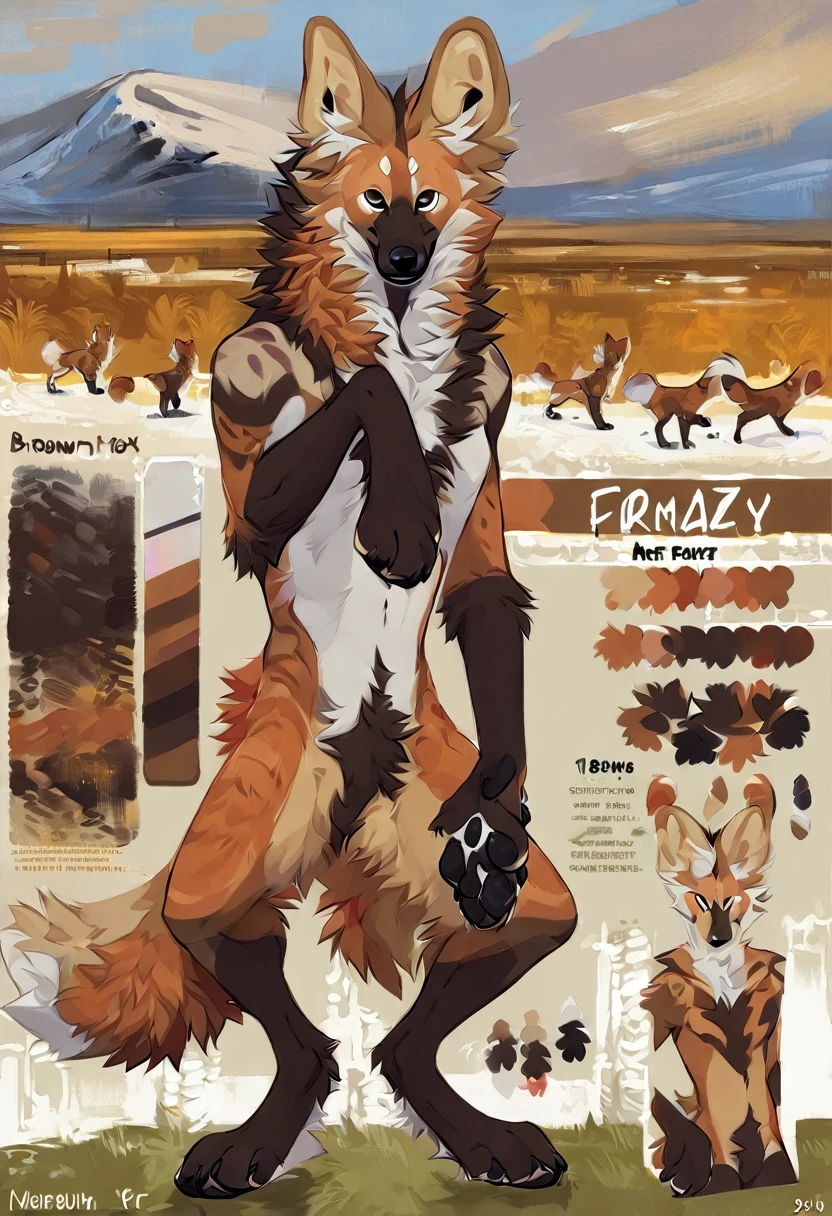 Anthropomorphic adult male dark colored fur spotted hyena with dark orange eyes, very fluffy body, three tails, wearing a kids diaper, baby fur, solo, reference sheet, standing, no background, with a pacifier on mouth, short tail, piercing on nose, full body view, different angles, cartoony