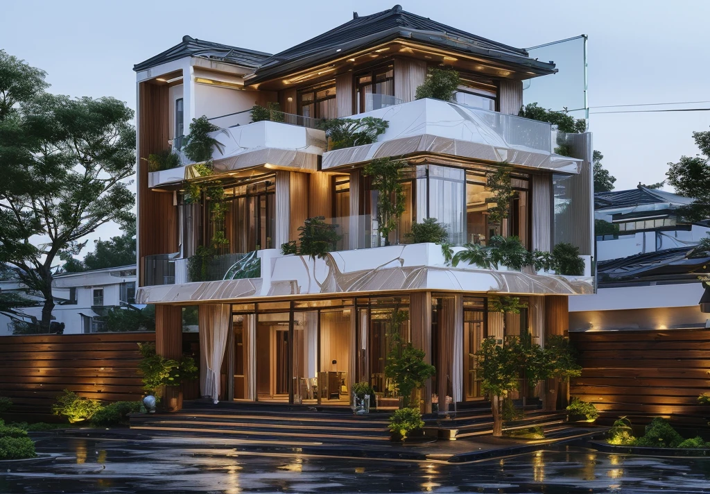 3D render of a beautiful house. lumion render, lumion rendering, beautifully detailed render, high-quality render, night time render, insanely detailed rendering, realistic architecture, highly detailed render, high quality rendering, architectural visualization. The house is adorned with elegant lighting and plants to enhance its exterior appearance in a Vietnam city street, Behind are hills and mountains with clear blue sky. Aerial view of the tranquil garden with lush green grass, winding paths leading to an elegant koi pond surrounded by ornamental fish and tropical plants.  The house looks like a fairy tale, with a large porch to sit and drink tea with wooden panels and LED lights. The simple design features a white and dark grey color marble cladding scheme with big windows on the first floor and a small balcony above it with green plants. This space creates natural beauty that can be used as a serene spot to relax or enjoy nature. The main door is made of aluminum and glass reaching to the ceiling. Ground floor full glass door, The main door is made of art glass, the windows are large and the ceiling is made of glass. Looking into the house through the middle glass window is the living room, the left glass window is the kitchen, the right glass window is the bedroom, interior lighting rendering and lighting effects. It is an architectural rendering with a perspective view and daylight lighting. taken with professional photography techniques, using a wide angle lens with bright natural light and high resolution details, in the style of photorealistic architectural rendering, in the style of professional photograph, hyper realistic, highly detailed.