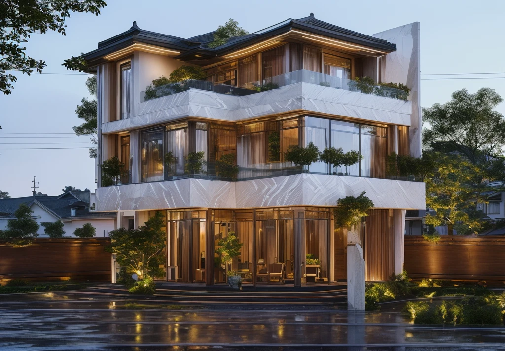 3D render of a beautiful house. lumion render, lumion rendering, beautifully detailed render, high-quality render, night time render, insanely detailed rendering, realistic architecture, highly detailed render, high quality rendering, architectural visualization. The house is adorned with elegant lighting and plants to enhance its exterior appearance in a Vietnam city street, Behind are hills and mountains with clear blue sky. Aerial view of the tranquil garden with lush green grass, winding paths leading to an elegant koi pond surrounded by ornamental fish and tropical plants.  The house looks like a fairy tale, with a large porch to sit and drink tea with wooden panels and LED lights. The simple design features a white and dark grey color marble cladding scheme with big windows on the first floor and a small balcony above it with green plants. This space creates natural beauty that can be used as a serene spot to relax or enjoy nature. The main door is made of aluminum and glass reaching to the ceiling. Ground floor full glass door, The main door is made of art glass, the windows are large and the ceiling is made of glass. Looking into the house through the middle glass window is the living room, the left glass window is the kitchen, the right glass window is the bedroom, interior lighting rendering and lighting effects. It is an architectural rendering with a perspective view and daylight lighting. taken with professional photography techniques, using a wide angle lens with bright natural light and high resolution details, in the style of photorealistic architectural rendering, in the style of professional photograph, hyper realistic, highly detailed.