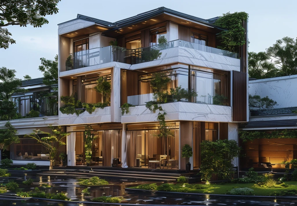 3D render of a beautiful house. lumion render, lumion rendering, beautifully detailed render, high-quality render, night time render, insanely detailed rendering, realistic architecture, highly detailed render, high quality rendering, architectural visualization. The house is adorned with elegant lighting and plants to enhance its exterior appearance in a Vietnam city street, Behind are hills and mountains with clear blue sky. Aerial view of the tranquil garden with lush green grass, winding paths leading to an elegant koi pond surrounded by ornamental fish and tropical plants.  The house looks like a fairy tale, with a large porch to sit and drink tea with wooden panels and LED lights. The simple design features a white and dark grey color marble cladding scheme with big windows on the first floor and a small balcony above it with green plants. This space creates natural beauty that can be used as a serene spot to relax or enjoy nature. The main door is made of aluminum and glass reaching to the ceiling. Ground floor full glass door, The main door is made of art glass, the windows are large and the ceiling is made of glass. Looking into the house through the middle glass window is the living room, the left glass window is the kitchen, the right glass window is the bedroom, interior lighting rendering and lighting effects. It is an architectural rendering with a perspective view and daylight lighting. taken with professional photography techniques, using a wide angle lens with bright natural light and high resolution details, in the style of photorealistic architectural rendering, in the style of professional photograph, hyper realistic, highly detailed.