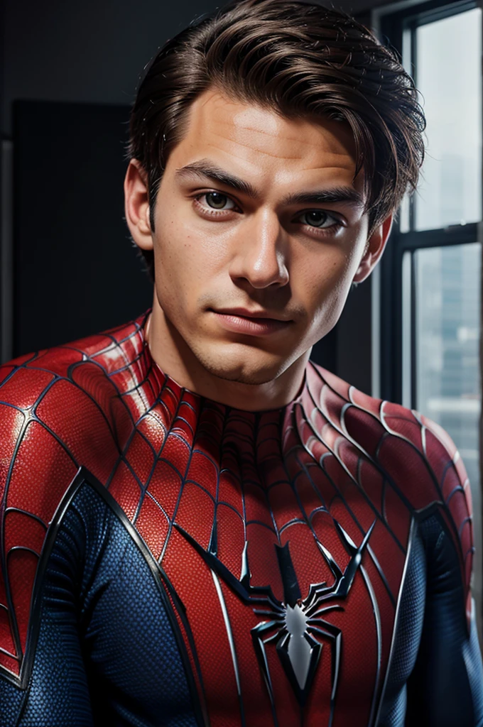 A photograph of spider man, no mask, 20 yo, handsome, detailed face, looking at camera, portrait, 8k uhd, high quality