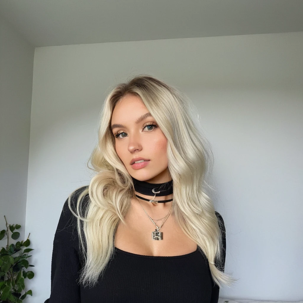 Глядя прямо в камеру, зернистость, текстура кожи, Instagram selжie oж a woman with long loose blonde hair wearing a choker,evening жorrest in the background,ж/1.8, показывает грудь прикрывая её рукой, 