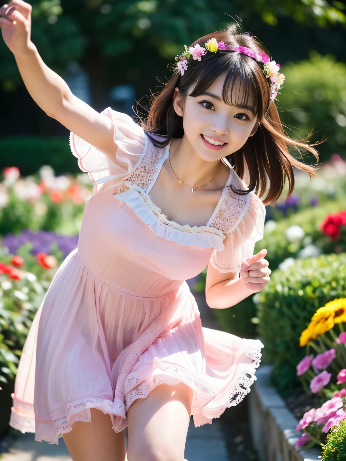 (highest quality、masterpiece、8K、best image quality、hyper realism、Award-winning work)、(Cut Lolita girl:1.1)、(very young 12 yearaby face:1.1)、(1 person:1.1)、1.1)、(Cute transparent multiple pastel color lolita dress:1.2)、(Cute girly big ribbon:1.1)、(A perfect pastel colored Lolita dress with great attention to detail:1.1)、A dress with cute frills and ribbons、Lace decoration、Cute girly fluffy wavy hair、low length、Height: 140cm、pink rose、Lots of cute frills、big cute ribbon、emphasize body line、(very big breasts:1.1)、(big cleavage:1.1)、glamorous body、Standing gracefully、(Colorful flower fields in a fairytale heaven:1.1)、(A beautiful, luxurious haven inspired by the Garden of Eden:1.3)、Beautiful clear sky、(beautiful thunder clouds、(The fantastic and mysterious Garden of Eden:1.2)、(A paradise inspired by the Garden of Eden:1.2)、(A huge variety of vibrant flowers:1.1)、(A gorgeous treasure trove of mysterious and beautiful nature:1.1)、(The fantastic and mysterious Garden of Eden:1.3)、(Perfectly recreates the atmosphere of heaven:1.2)、(Beautiful mystical waterfall:1.2)、epic movie lighting、Tyndall effect、(Mysterious beautiful fog:1.1)、(very bright and vivid:1.1)、A girl standing gracefully、accurate anatomy、perfect makeup、long eyelashes、glossy lips、Ultra high definition glossy skin、(Ultra-high definition bright and beautiful skin:1.1)、(Super bright and radiant skin:1.1)、超高精細のglossy lips、Super high definition beautiful teeth