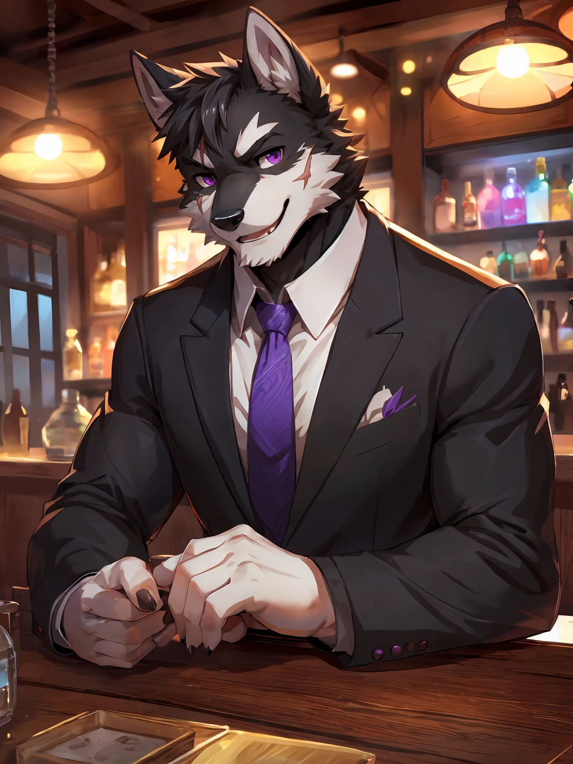 embedding:Black wolf，male, Purple eyes,Scar on the face, Single Person,black fur.The chest and abdomen are white fur.The mob boss,Tattoo,Black suit,At the bar,happy，Smart,Adult male,Handsome,Best quality hands, best quality eye，detailed fur，Delicate eyes.Extreme picture quality，by sollyz,by zixiong,by null_ghost