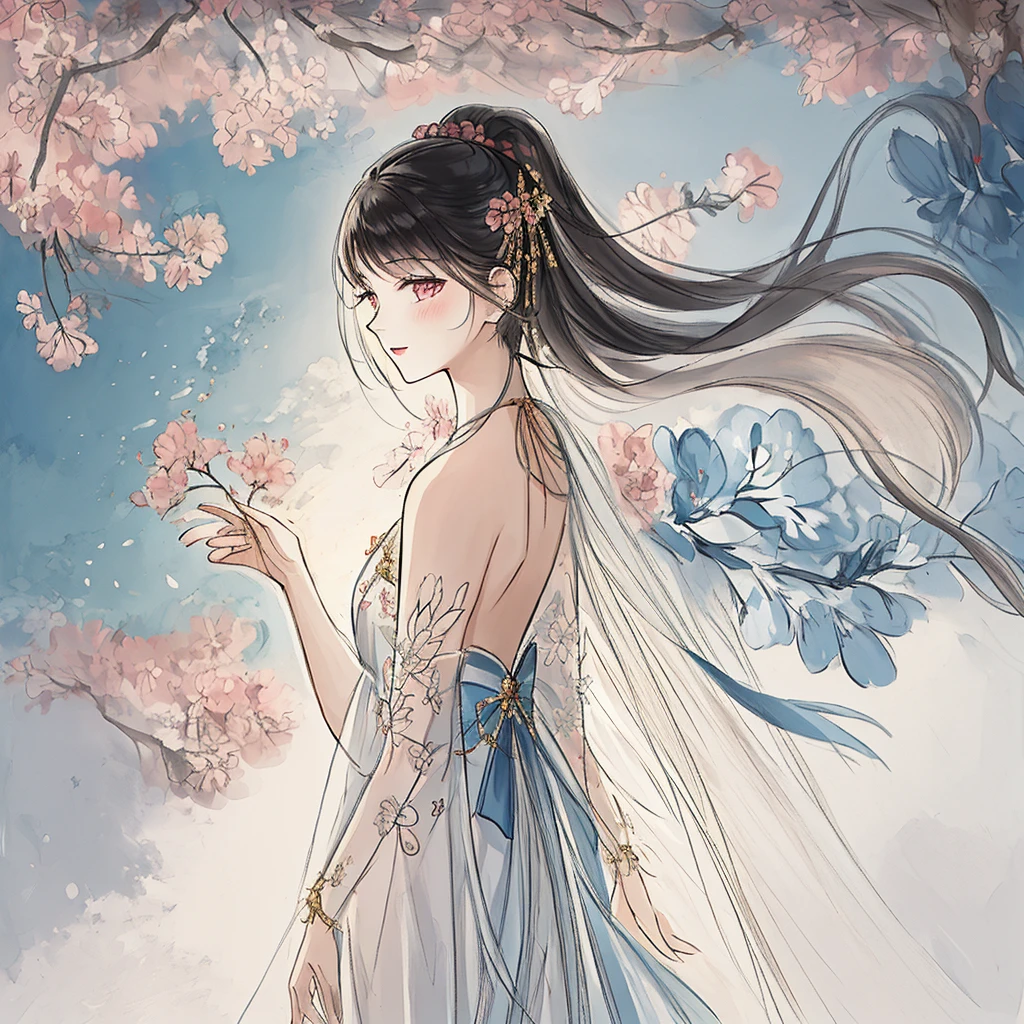 masterpiece，best quality，Extremely detailed，Extremely delicate and beautiful，girl，blush,dress, Elongated hair,Back，antiquity，sketch