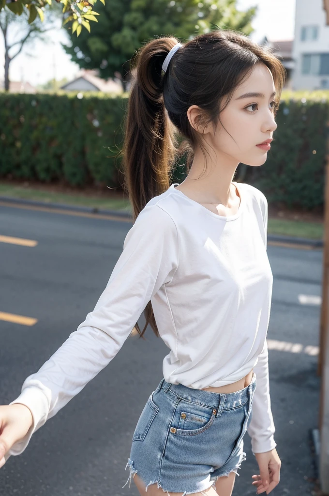 (((best quality))),(((ultra detailed))),(((masterpiece))),illustration,((1 beautiful girl,solo)),((slim,thin)),((small breasts,flat chest)), outside school gate, summer twilight, sunlight,(short ponytail:1.3),((claviclies)),((white long-sleeved shirt)),((denim shorts)),animated face, excited eyes, sounds of laughter, chatter, excitement of summer vacation, air filled with energy, school gate golden glow, symbol of end of academic year, schoolyard transformed, reunion, farewells, embracing setting sun, face illuminated, moment captured, fleeting instant, essence of summer, carefree spirit, youthful exuberance, embodiment of season, sun dips, rosy glow, joy of living,promise of adventures,((standing,from front,upper body)),(surrounded by crowded crowds:1.3)