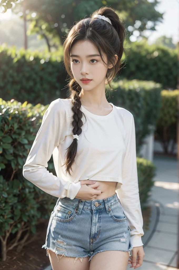 (((best quality))),(((ultra detailed))),(((masterpiece))),illustration,((1 beautiful girl,solo)),((slim,thin)),((small breasts,flat chest)), outside school gate, summer twilight, sunlight,(short ponytail:1.3),((claviclies)),((white long-sleeved shirt)),((denim shorts)),animated face, excited eyes, sounds of laughter, chatter, excitement of summer vacation, air filled with energy, school gate golden glow, symbol of end of academic year, schoolyard transformed, reunion, farewells, embracing setting sun, face illuminated, moment captured, fleeting instant, essence of summer, carefree spirit, youthful exuberance, embodiment of season, sun dips, rosy glow, joy of living,promise of adventures,((standing,from front,upper body)),(surrounded by crowded crowds:1.3)