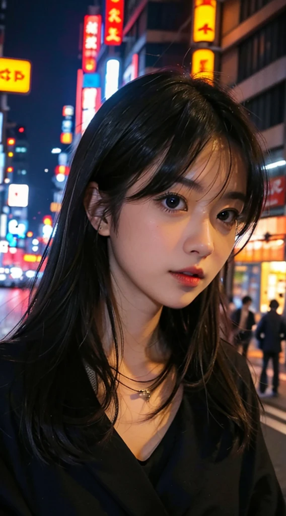 1girl, Tokyo street,night, cityscape,city lights, upper body,close-up, 8k, RAW photo, best quality, masterpiece,realistic, photo-realistic,