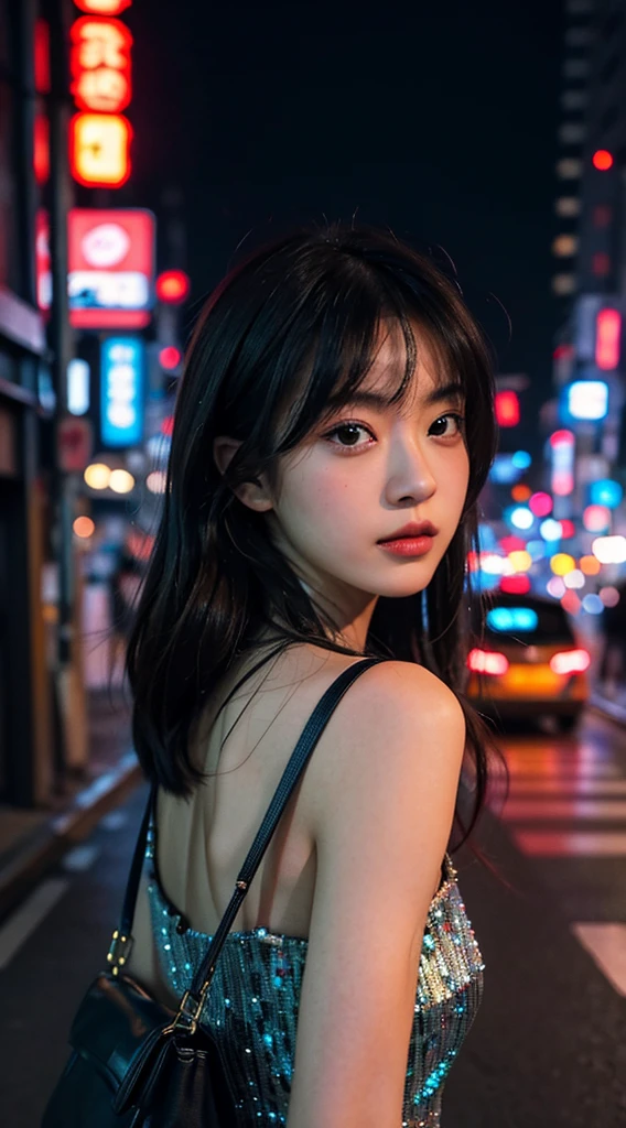 1girl, Tokyo street,night, cityscape,city lights, upper body,close-up, 8k, RAW photo, best quality, masterpiece,realistic, photo-realistic,