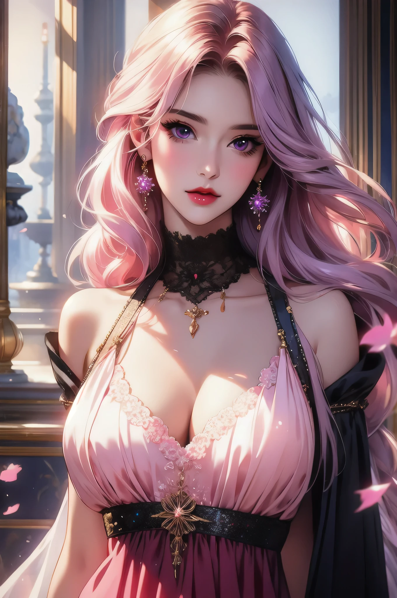 (Best quality, 8K, high resolution, masterpiece:1.2), Digital Artwork, A girl, Delicate face, Delicate eyes, Pink Hair, Long and straight hair, Glowing purple eyes, Red lips, Suspenders, Fantasy Landscape, Vibrant colors, Soft lighting, Whimsical atmosphere, Blooming flowers, floating dress, Fine details, Ethereal Background, Dreamy