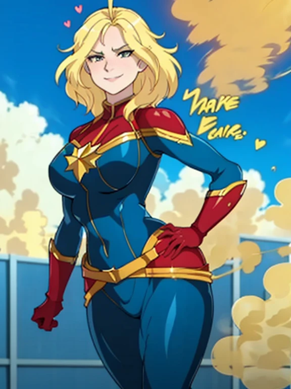 solo, 1female, captain marvel, pale skin , blue outfit, blonde hair, sexy body, tall and skinny, farting, massive fart, yellow smoke rising, relieved face, bemd over, smiling, blush, alone in park, heart signs