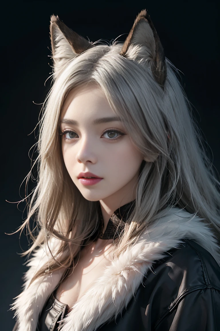 Anthropomorphic animal, face is wolf, entire body skin looks like wolf fur