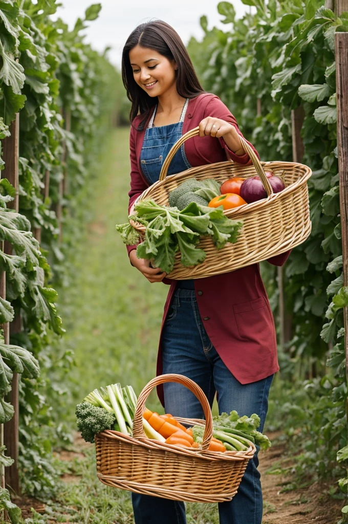 Show her helping with chores, perhaps carrying a basket of freshly harvested vegetables.