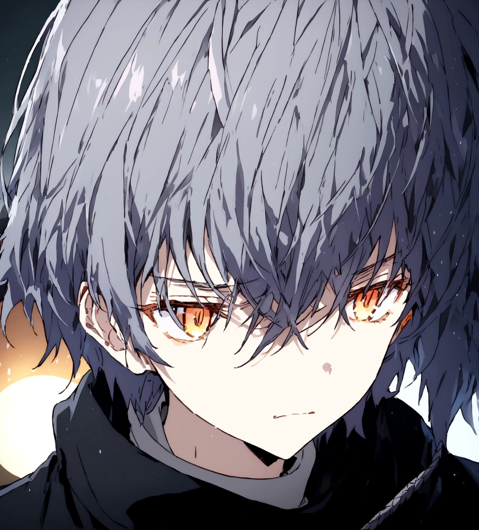 Black messy fluffy hair, orange glowing eyes, bored and cold-hearted face expression, black jacket with fluffy collar, white turtle neck shirt, black pants, black long cool scarf, cool