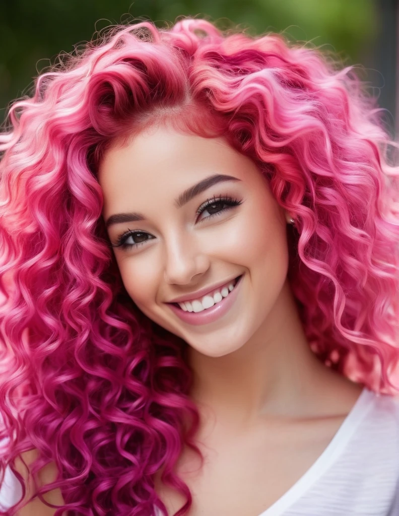 A strikingly beautiful 25-year-old woman with long, vibrant, curly pink hair, promoting hair dye with a radiant smile, in a photograph of high quality.