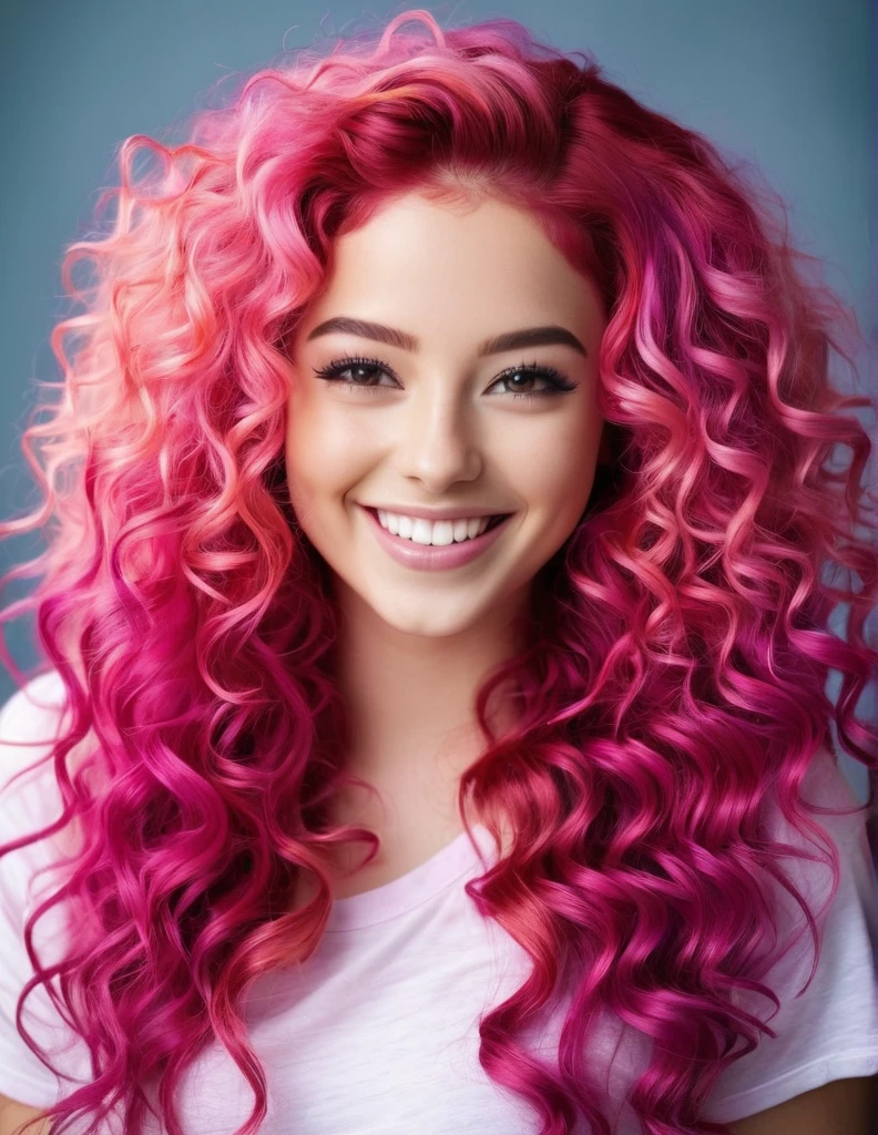 A strikingly beautiful 25-year-old woman with long, vibrant, curly pink hair, promoting hair dye with a radiant smile, in a photograph of high quality.