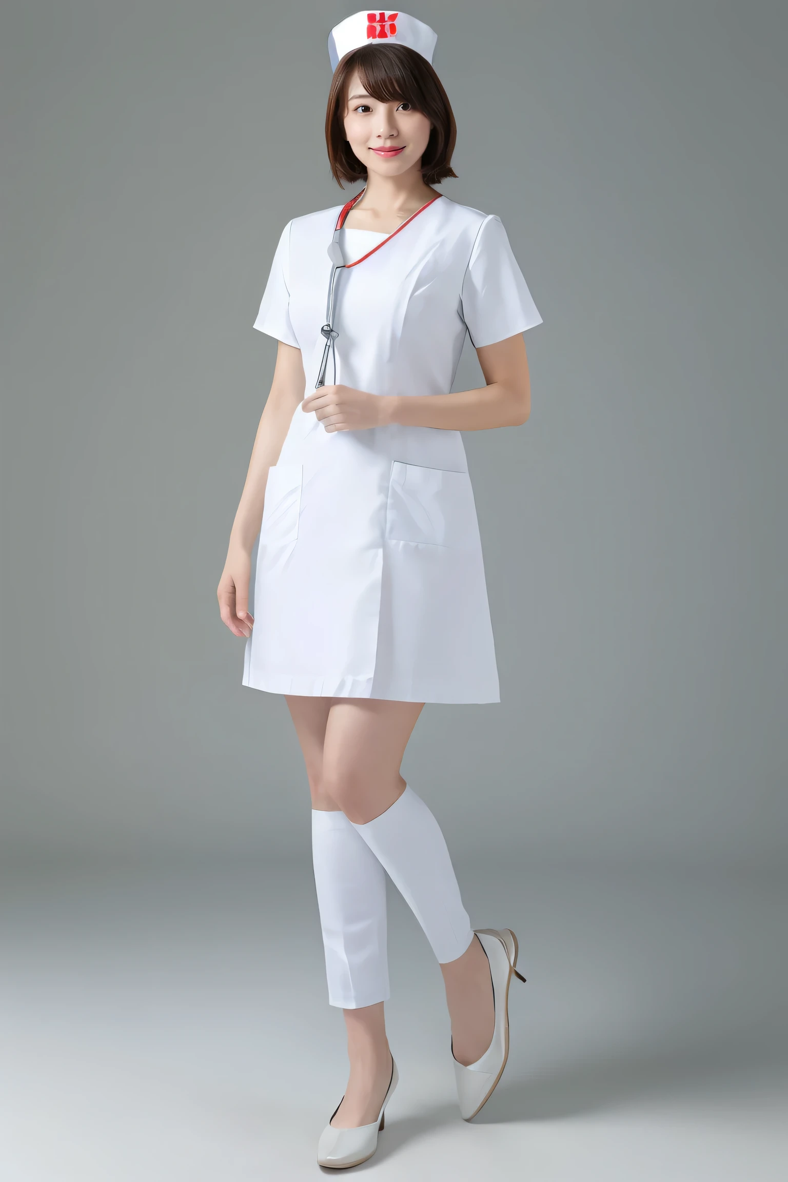 (8k, best quality, masterpiece:1.3), (Zoom out shot, full body standing:1.2), (beautiful Japanese mature woman), A woman in her 40s, shirt cut hair, (wearing white Nurse's uniform, Nurse's cap :1.2),